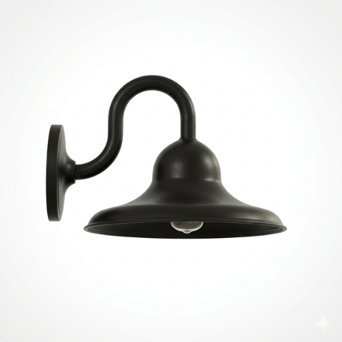 A black metal wall sconce with a curved gooseneck arm and a wide, shallow dome shade, shown against a plain white background.