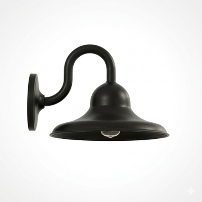 A black metal wall sconce with a curved gooseneck arm and a wide, shallow dome shade, shown against a plain white background.