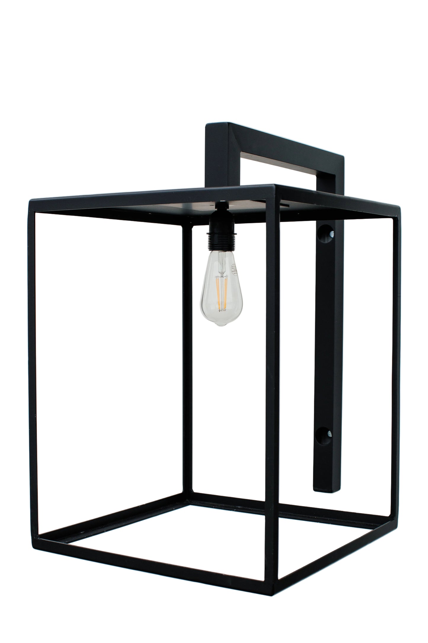 Black square frame wall light fixture on a white background