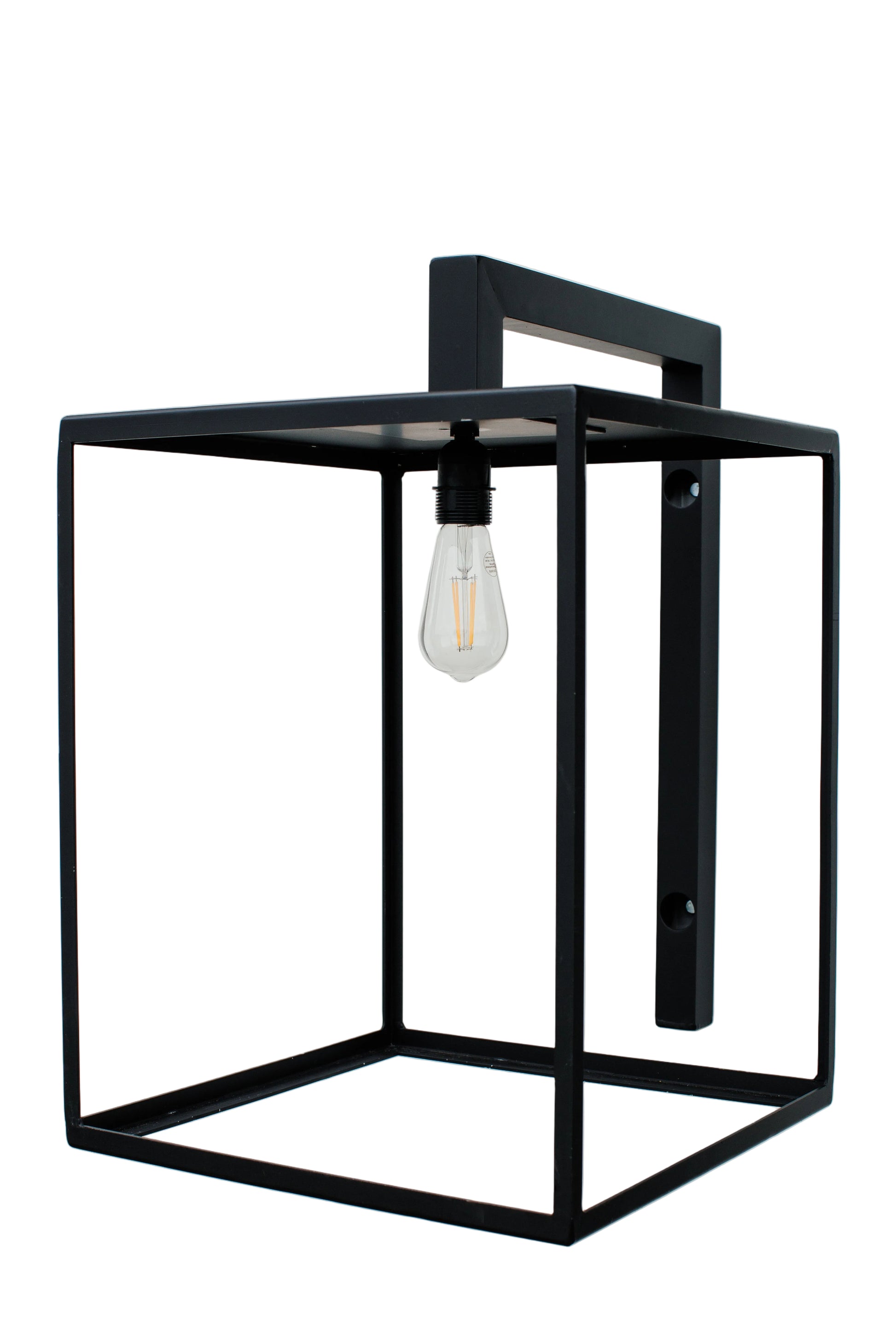 Black square frame wall light fixture on a white background