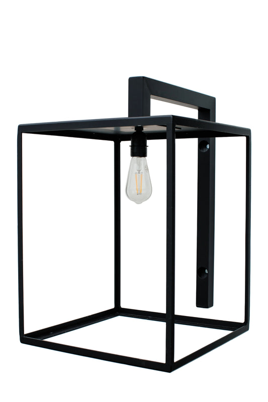 Black square frame wall light fixture on a white background