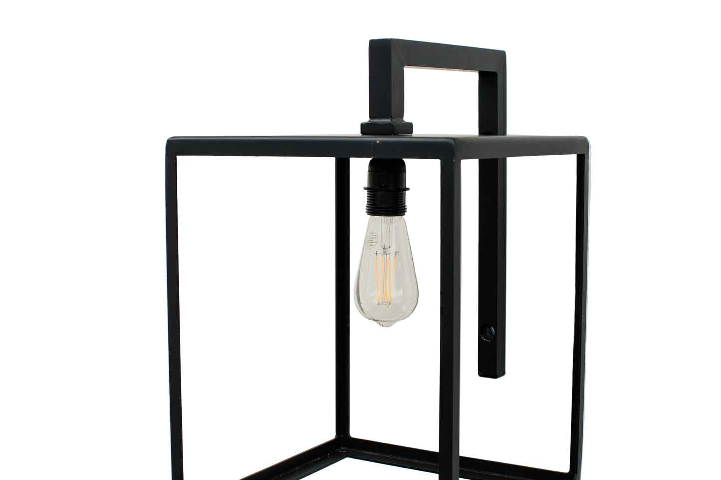Black metal wall sconce with a lit light bulb on a white background
