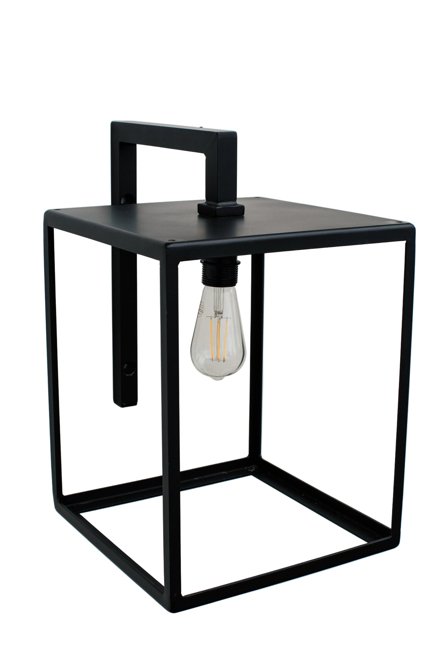 Black wall-mounted lamp with a visible light bulb on a gray background