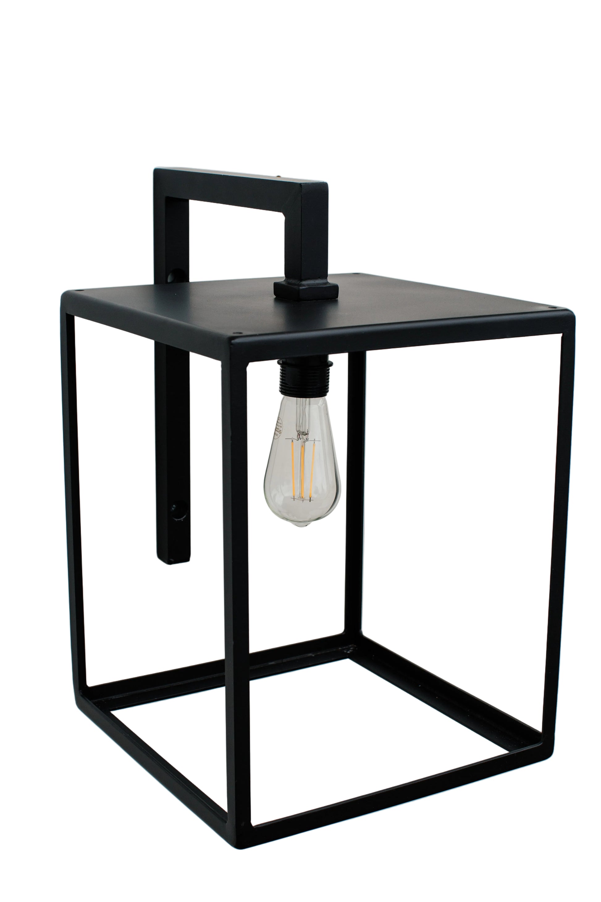 Black wall-mounted lamp with a visible light bulb on a gray background