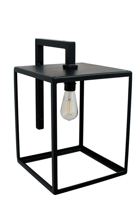 Black wall-mounted lamp with a visible light bulb on a gray background