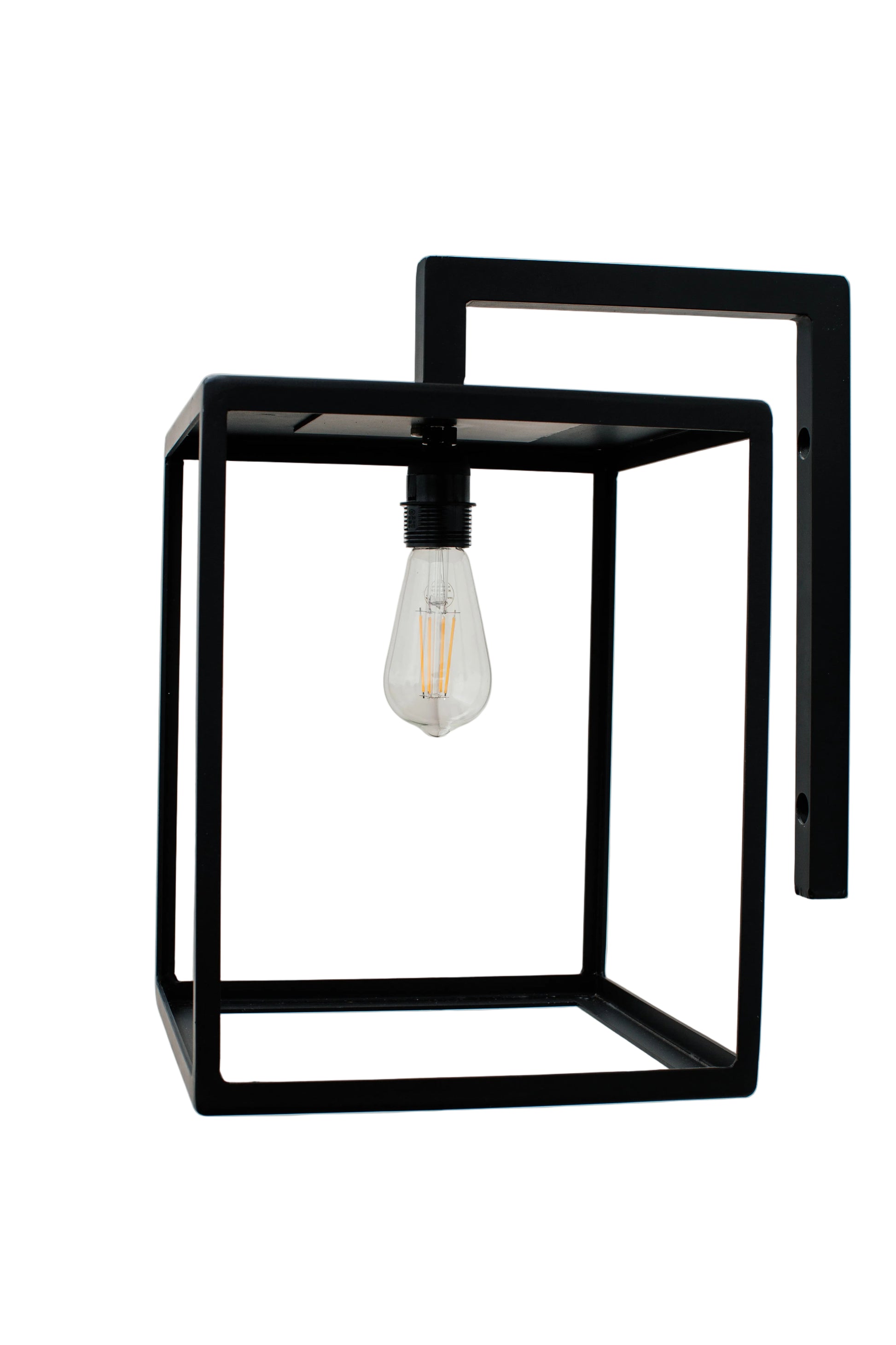Black wall-mounted light fixture with a visible bulb on a white background