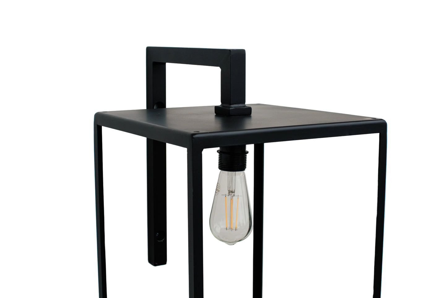 Black wall-mounted lamp with a visible light bulb against a white background